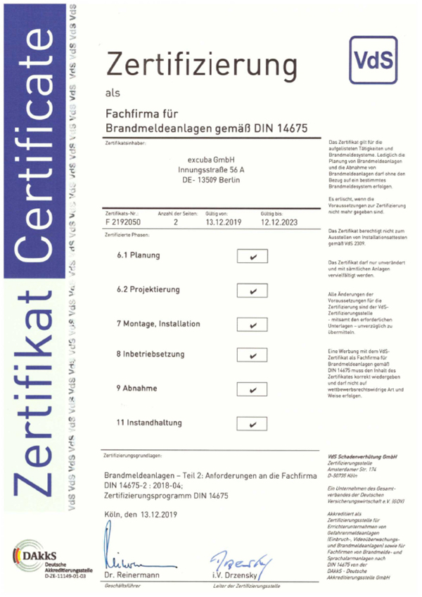 Urkunde Zertifizierung VdS BMA